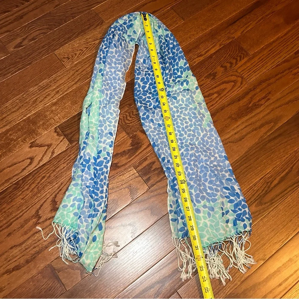 Blue and Green Leaf Pattern Scarf with Fringe